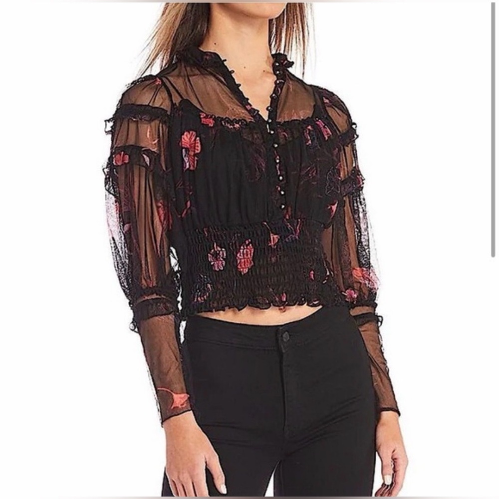 Free People Time For Shine mesh blouse in the Black Dark Romance M